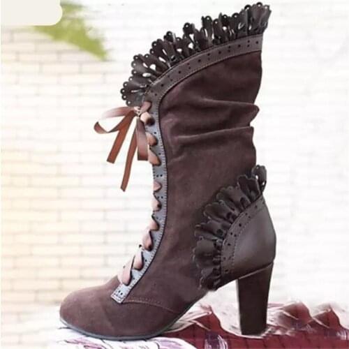 2021 Womens Mid Calf Boots Ladies Lace Up High Heels Female Sexy Shoes Woman Ruffle Flock Retro Boots Fashion Women Elegant