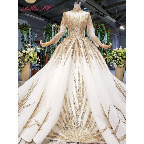 AnXin SH Luxury princess flower champagne lace high neck beading crystal long sleeve golden bride wedding dress 100% real photo