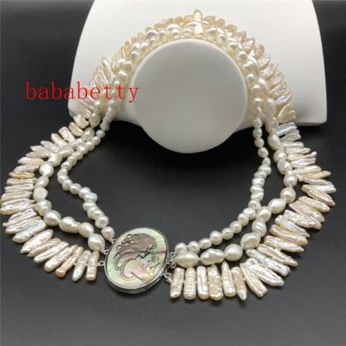 20inches New Design natural freshwater white 7-10MM baroque pearl pink lute pearl Queen shell claps necklace