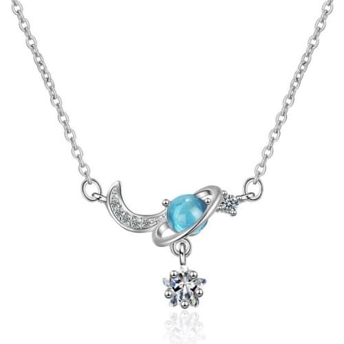 2020 Fashion 925 Sterling Silver Necklace For Women Jewelry Romantic Moon Star Planet Blue Crystal Necklace Girl Gifts KOFSAC