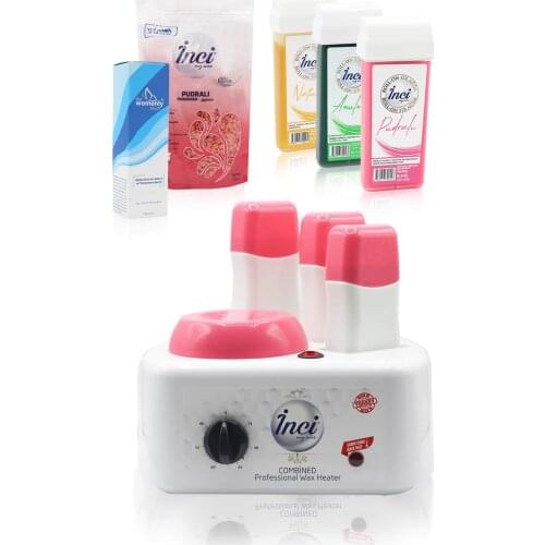 3 + 1 combined waxing heater professional machine, 1 hard beads waxing and 3 roll on cartridge depilatory and feather-reducing spray gift