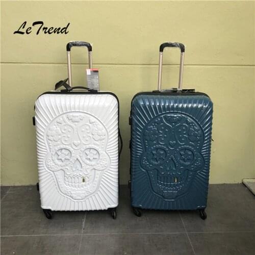 Letrend Britain 3D Skull Rolling Luggage Spinner Women Trolley 100% PC Fall resistance Suitcases Wheel Travel Bag Trunk