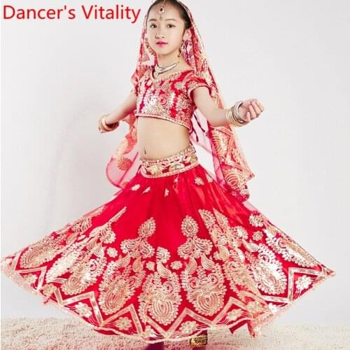 Kids Indian Dance Top Large Swing Skirt Pants Veil Sembroidered 4pcs Set Girls Oriental Belly Dancing Stage Performance Costume