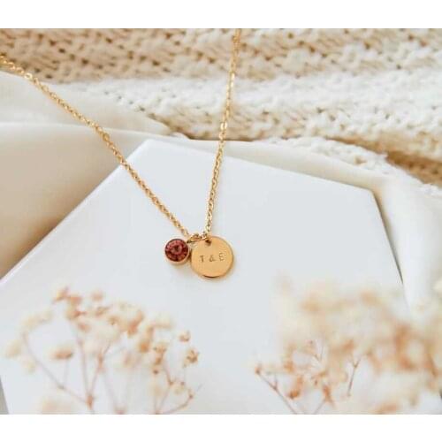 Personalized Gold Initial Necklace Birthstone Gemstone Minimalistic Customized Hand Stamped Letter Coin Gift for Women Her