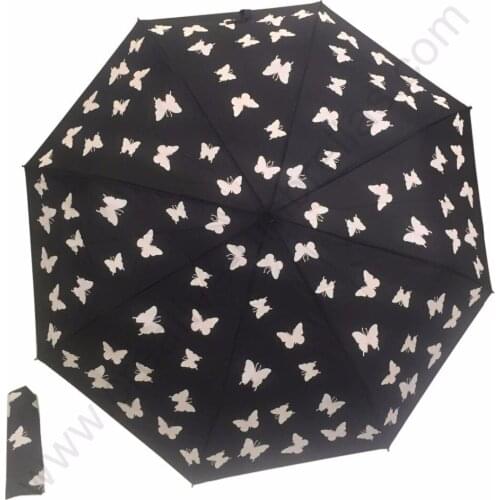 Customized mass cargo Oem Ex-factory three fold windproof flying butterfies promotion umbrellas anti-rust advertising parasol