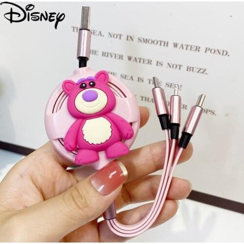 Disney Strawberry Bear Three-in-One Data Cable Cute Female Suitable for Huawei Apple Android USB Cartoon Charging Cable