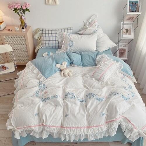 100% Cotton Korean Blue Embroidery Lace Bedding Set Linens Bed Linen Quilt Set Twin Bedding Duvet Cover 240x220 King Size 4pc