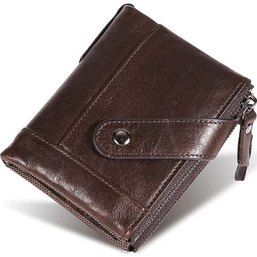 GENODERN Double Zipper Short Mens Wallet RFID Blocking Genuine Leather Zipper Buckle Men Wallets with Coin Pocket