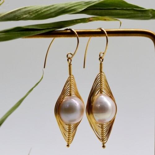 Trendy creative earrings, womens gold earrings, 13mm natural round pearls, 100% handmade jewelry, pearl earrings