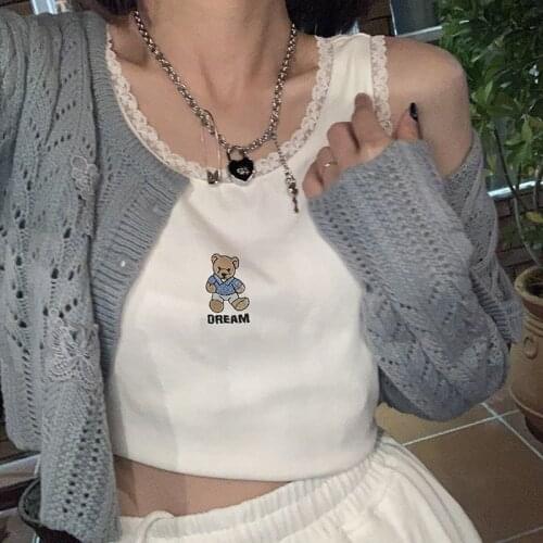 Summer Kawaii Bear Lace Crop Top Tank Tops Vest Vintage women clothing hip-hop Punk casual streetwear fun Harajuku women T-shirt