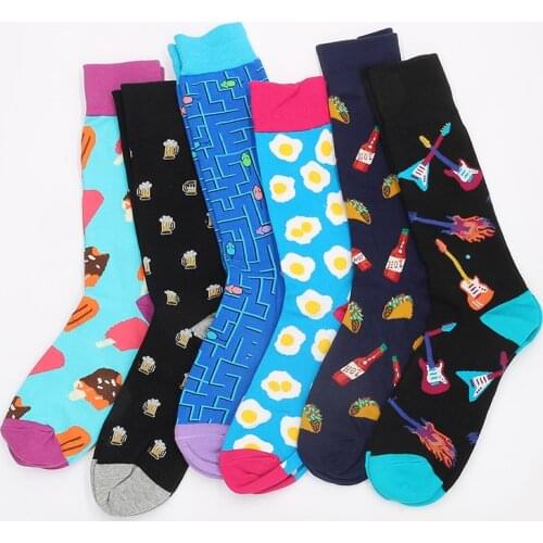 Combed Cotton Mens Socks Harajuku Colorful Happy Funny Long Warm crew Dress Socks for Male Wedding Christmas Gift