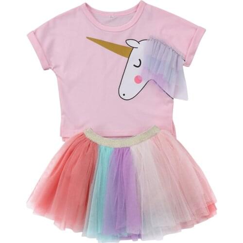 New Fashion Lovely AU Stock Kids Baby Girl Clothes Set Unicorn Top T-shirt Lace Skirt Outfit Set Clothes Summer
