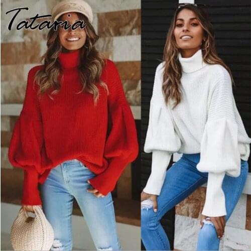 New Pullover Autumn Winter Sweater Women Basic Turtleneck Knitted Tops Classic Solid Lantern Sleeve Red Loose Knitwear Mujer