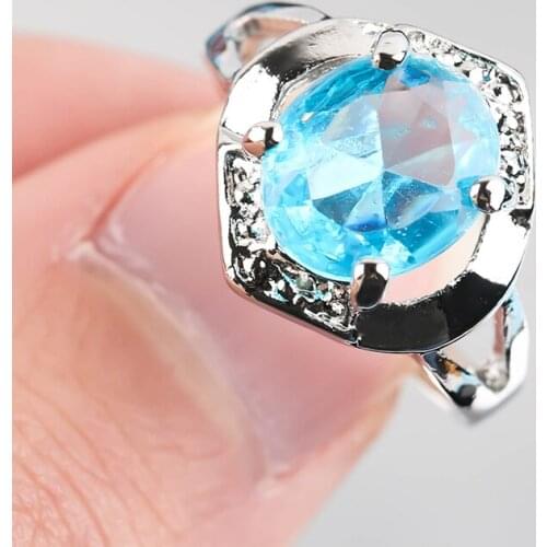 Charm Oval Sky Blue Stone Ring Oval Wedding Geometric Crystal Silver Color Rings for Women Engagement Anniversary Jewelry Gift