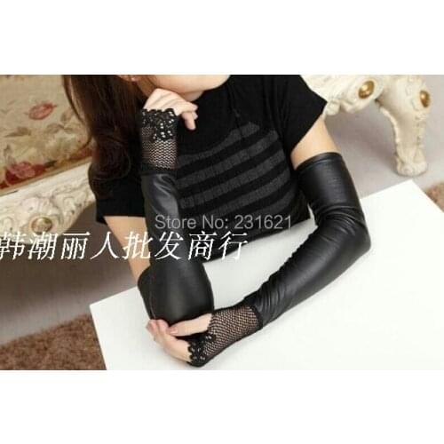 Womens fashion long gloves black lace patchwork pu leather gloves sexy long fingerless driving gloves arm warmer 46cm