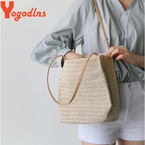 Yogodlns Durable Weave Straw Beach Bags for Women Linen Woven Bucket Bag Casual Big Handbags Totes Knitting Rattan Shoulder Bag