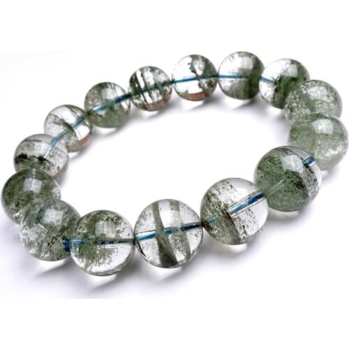 Drop Shipping 14mm Genuine Natural Chlorite Cornucopia Green Phantom Quartz Crystal Clear Round Bead Stretch Men Bracelet