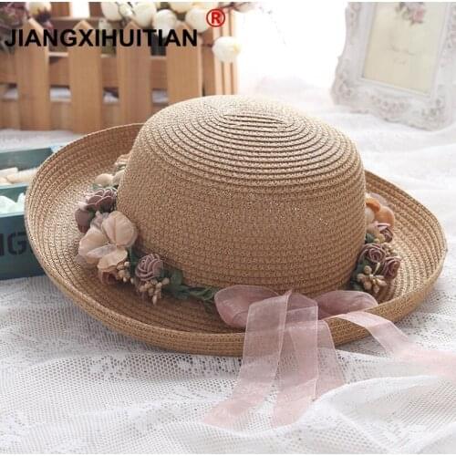 2018 Summer New Womens Sun Hat beige lace Bowknot Flowers Ribbon Flanging Straw Hat Beach Caps Head Circumference 55-58 cm