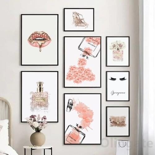 Modern Pink Flower Paris Perfume Girl Lip Eyelash Wall Art Picture Canvas Painting Nordic Poster And Prints Home Decoration Gift