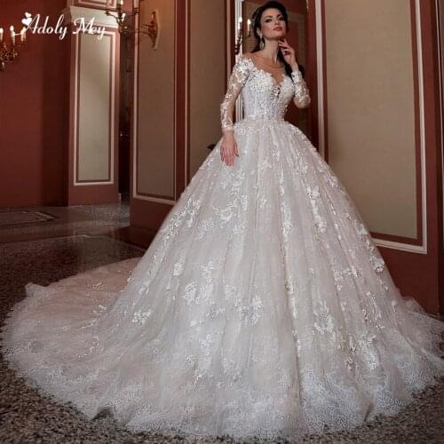 Adoly Mey New Arrival Scoop Neck Long Sleeve Ball Gown Wedding Dresses 2020 Luxury Beaded Lace Appliques Court Train Bride Gown
