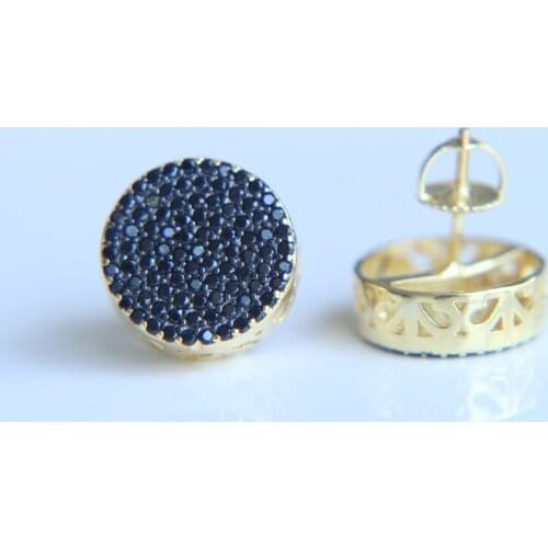High quality 13mm round micro pave cubic zirconia gold bling with black zirconia hip hop women/mens screwback earring