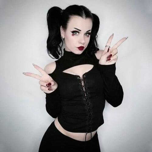 Y2k Tops Girl Clothing Halloween Hole Cardigan Solid Color Backing Shirt Personality Women Shirts All-match T-shirt for Female