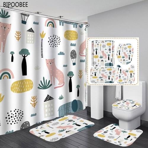 Cartoon Leopard Elephant Printed Shower Curtain Waterproof Forest Animals Bathroom Curtains Bath Mats Rugs Toilet Lid Cover