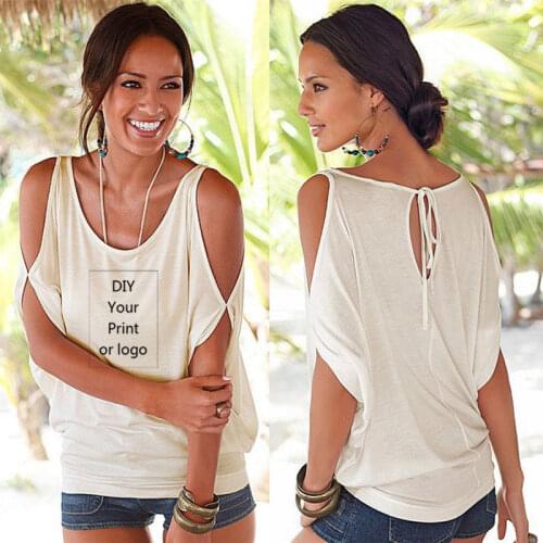 Customized Print T Shirt for Women DIY Your like Photo or Logo Top T-shirt Femme Fashion Sexy Off Shoulder Batwing Lace up Tops