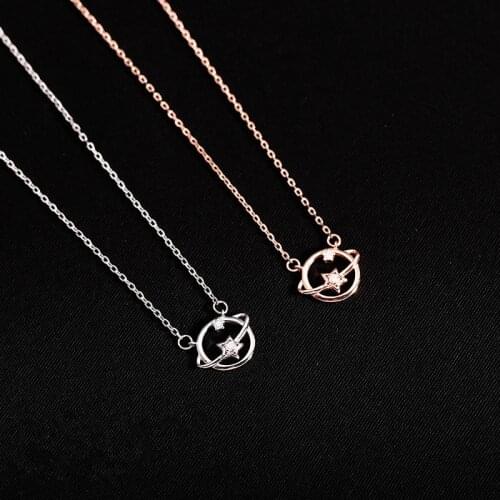 925 Sterling Silver Star Planet Charm Zircon Pendent Necklace For Women Girls Jewelry Choker dz212