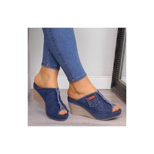 Summer Ladies Shoes With Heels Stylish Women Blue Cowboy Comfortable Open-Toe Shoes Wedges Platform Sandals Slipper Dropshipping