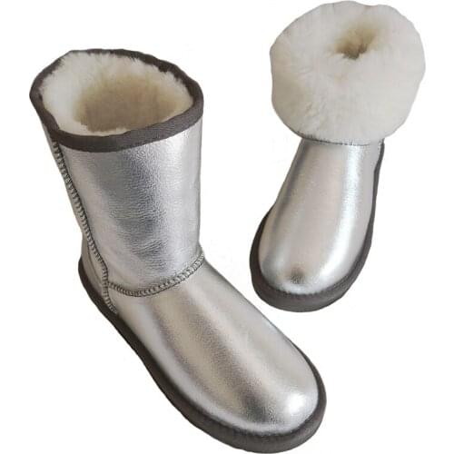 Womens genuine sheepskin boots Australia Snow Boots Leather Waterproof Winter Sheep Wool Boots Mid-Calf Fashion Silver Boots 42