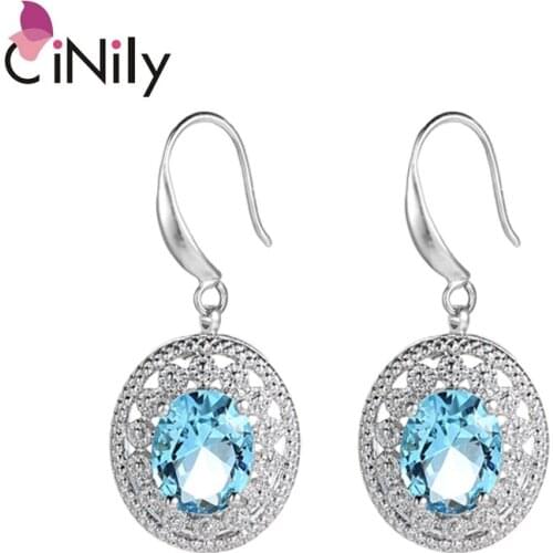 CiNily Silver Plated Created Blue Stone Wholesale HOT for Women Jewelry Wedding Engagement Drop Earrings 1 1/4" FH8436