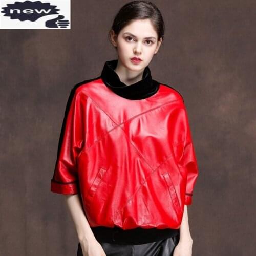 2021 New Design Genuine Sheepskin Real Spliced Velour Bat Sleeve Shirts Women High Neck Loose Fit Leather Pullovers Tops