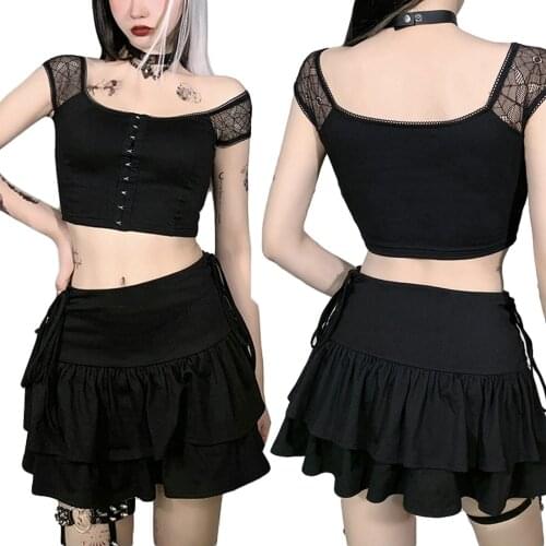 Women Close-fitting Sexy Crop Tops Black Boat Neck Short Sleeve Lace Hem T-shirt, S/ M/ L