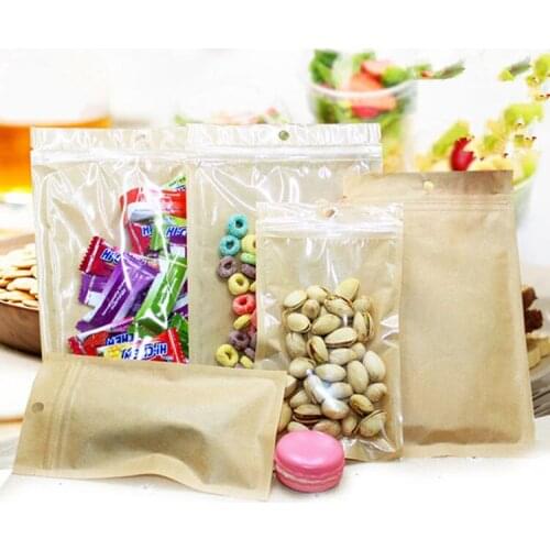 100pcs/lot Style Zipper Top Plastic Bag Kraft Paper Pouch With Clear Window For Dried Food Nuts Candy Party Gift Package