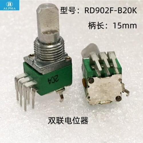 2 unids/lote de precisión ALPHA RD902F B20K medio eje doblado doble interruptor de potenciómetro para reparación de mezcla 15mm