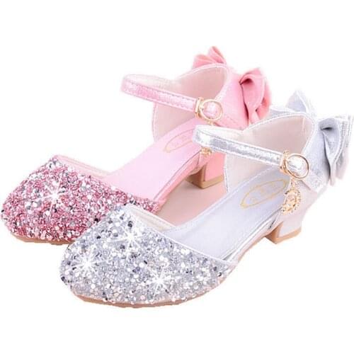 2020 3-12 Years Fashion Sequins High Heels For Girls Summer Leather Sandals Kid Shoes Children Little Girls Bow Party Dance Shoe