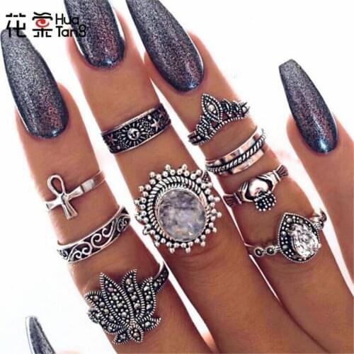 HuaTang Vintage Antique Silver Color Water Drop Ring Set Crystal Flower Craving Hollow Rings Round Ring Jewelry 9pcs/set 6001