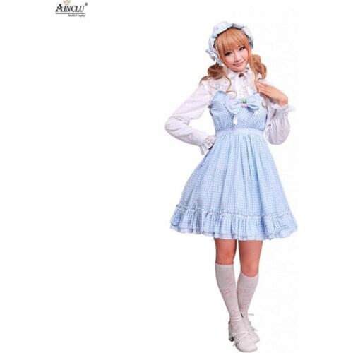 Ainclu Free Shipping XS To XXL Cemavin Womens Cotton Blue White Gingham Check School Lolita Dress for Adults four Seasons