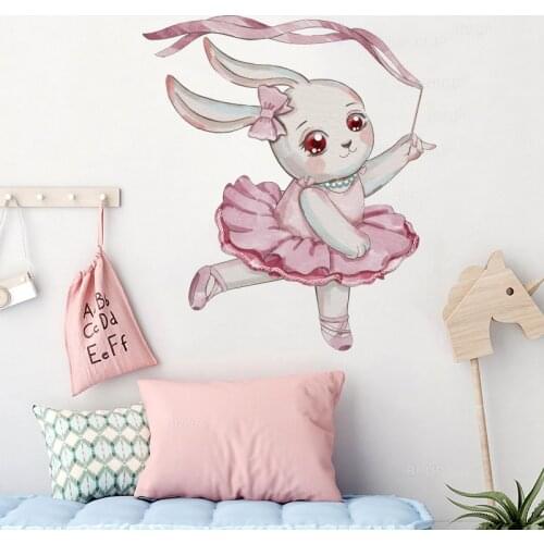 Watercolor Cute Ballerina Bunny Wall Stickers Pink Baby Nursery Room Wall Decals Home Decoration Decor Stickers Ballet Style PVC