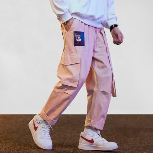 New Mens Streetwear Hip Hop Cargo Pants Men Women Ribbon Letter Embroidery Japanese Joggers Trousers Casual Harem Pants Pink