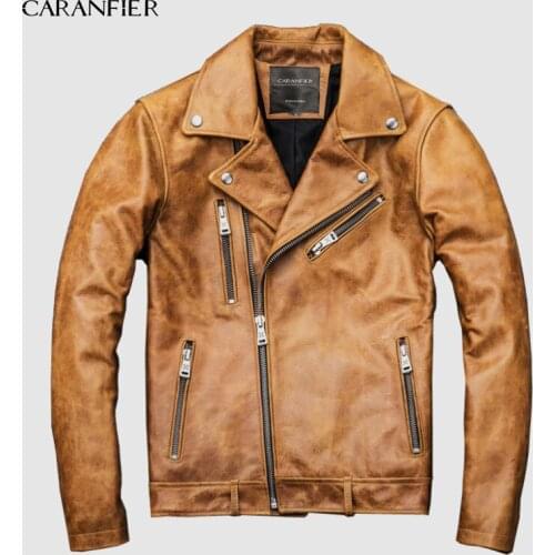 CARANFIER Vintage Genuine Leather Jacket Men Winter Clothes 2019 Streetwear Slim Fit Real Cow Leather Coat Mens Leather Jacket