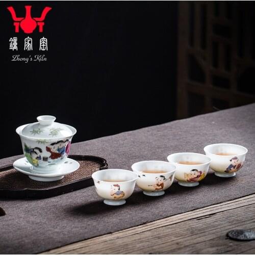 Clock at jingdezhen kiln enamel kung fu tea set hand-painted tong qu tea tea tureen of a complete set of tea cups