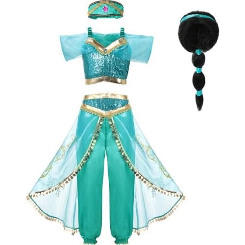 VOGUEON Girls Jasmine Dress Up 3 Pcs Set Kids Sequined Flower Printed Arabian Princess Costume Children Halloween Cosplay Fancy