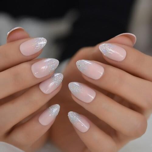 Medium Daily French Nail Tips Grey Glitter Shining Almond Fake Nail Nude Office Pointed Nail Tip