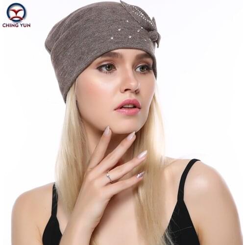 CHING YUN Cashmere knit hat soft New Fashion Winter Warm Flower Rhinestone High Quality Wool Female Hat Solid Color Knitted Hat