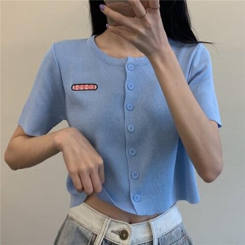 Summer Women O-Neck Knit Short Sleeve Cardigans Lady Knit Single-breasted Embroideried Sweater Cardigan Crop Tops For Girls