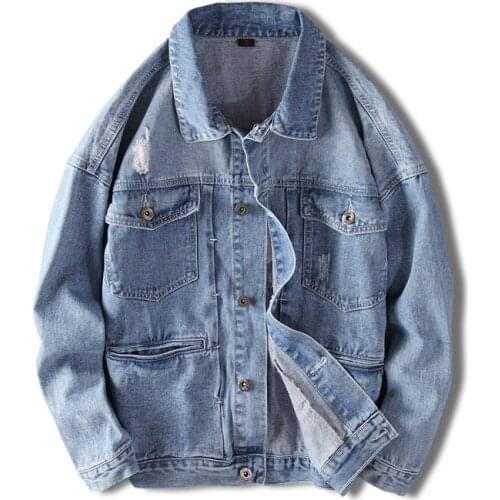 2021 New Mens Retro Beggar Hole Embroidered Blue Denim Jacket Fashion Casual Loose Hip-hop Denim Jacket Coat Large Size XXL