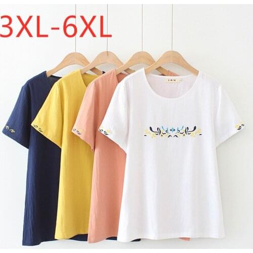 New 2021 summer Korea plus size tops for women large loose short sleeve cotton embroidery O neck T-shirt white 3XL 4XL 5XL 6XL