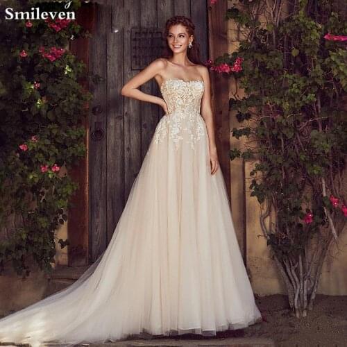 Smileven A Line Wedding Dress Champagne Boho 2020 Sweetheart Neck Lace Bridal Gowns Robe de soriee Turkey Wedding Gowns